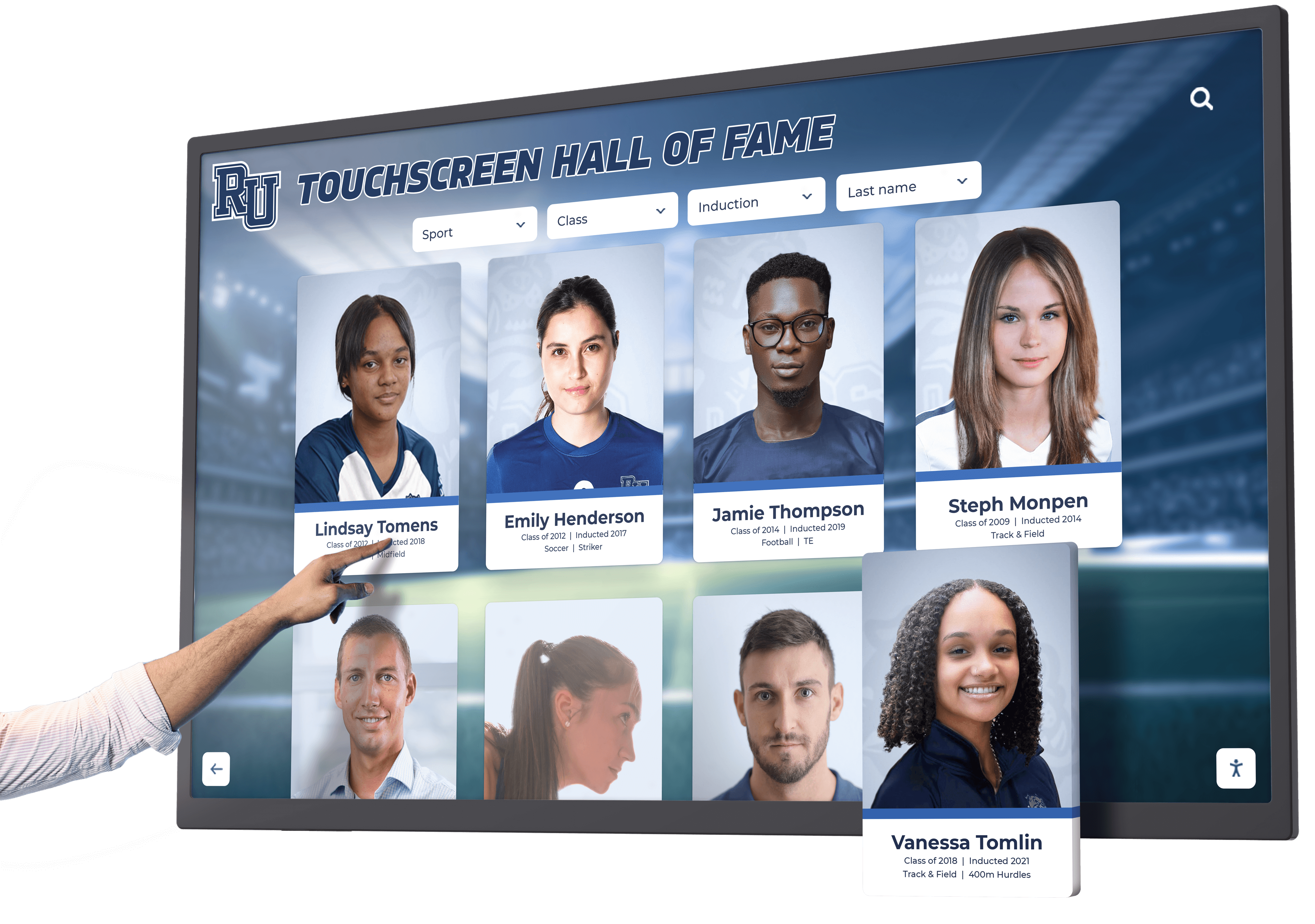 Hand touching touchscreen with volleyball athlete portraits in stadium Interactive touchscreen display with athlete portraits