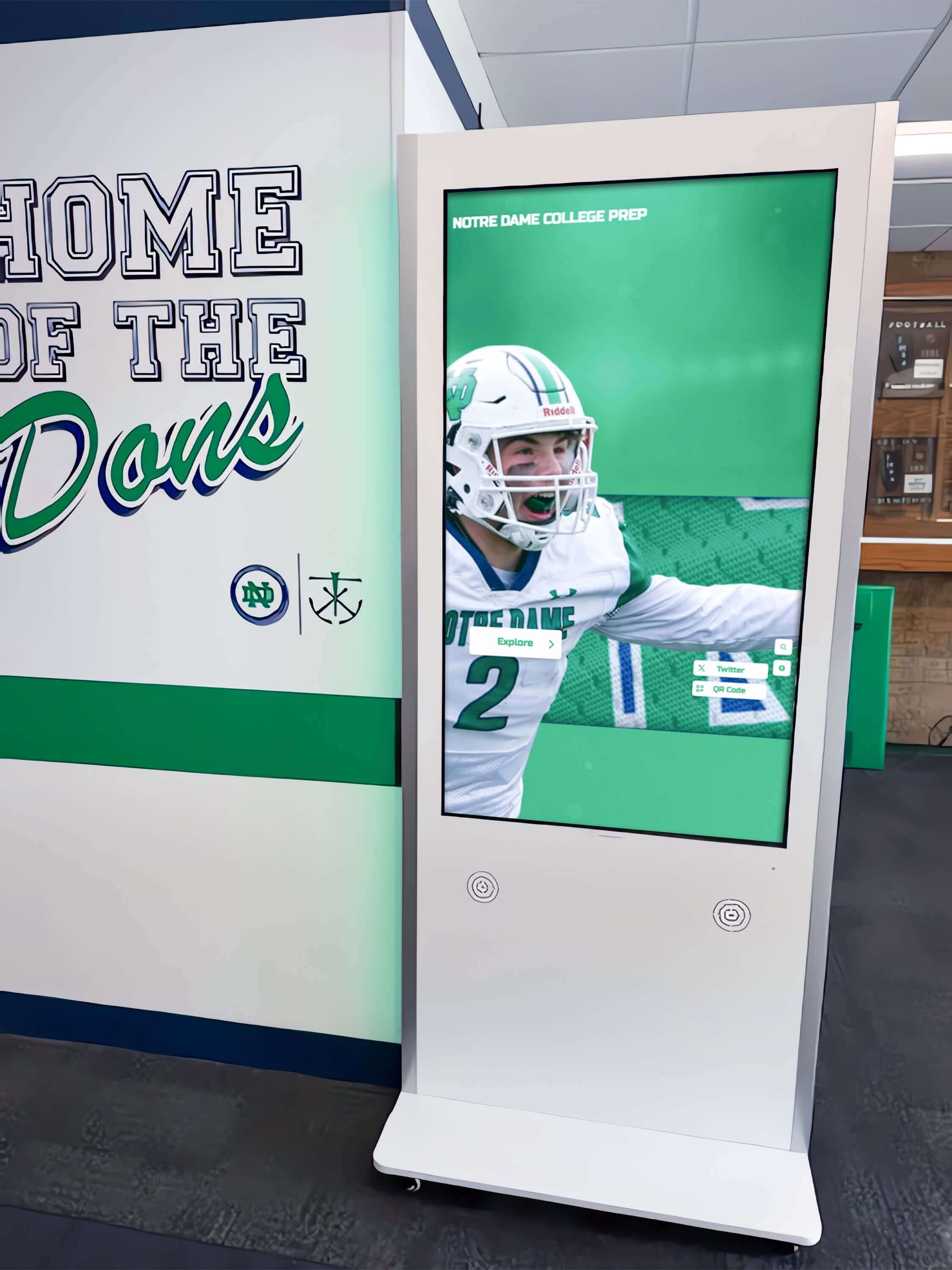 Freestanding touchscreen kiosk in school hallway Touchscreen kiosk in hallway