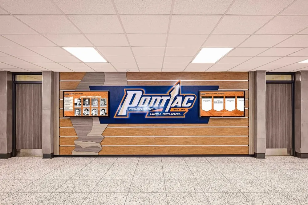 Pontiac High School hallway athletic honor wall display Athletic recognition hallway