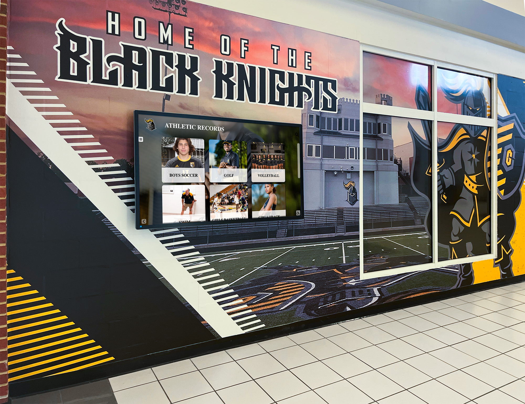 School hallway with athletic mural and digital records School athletics display