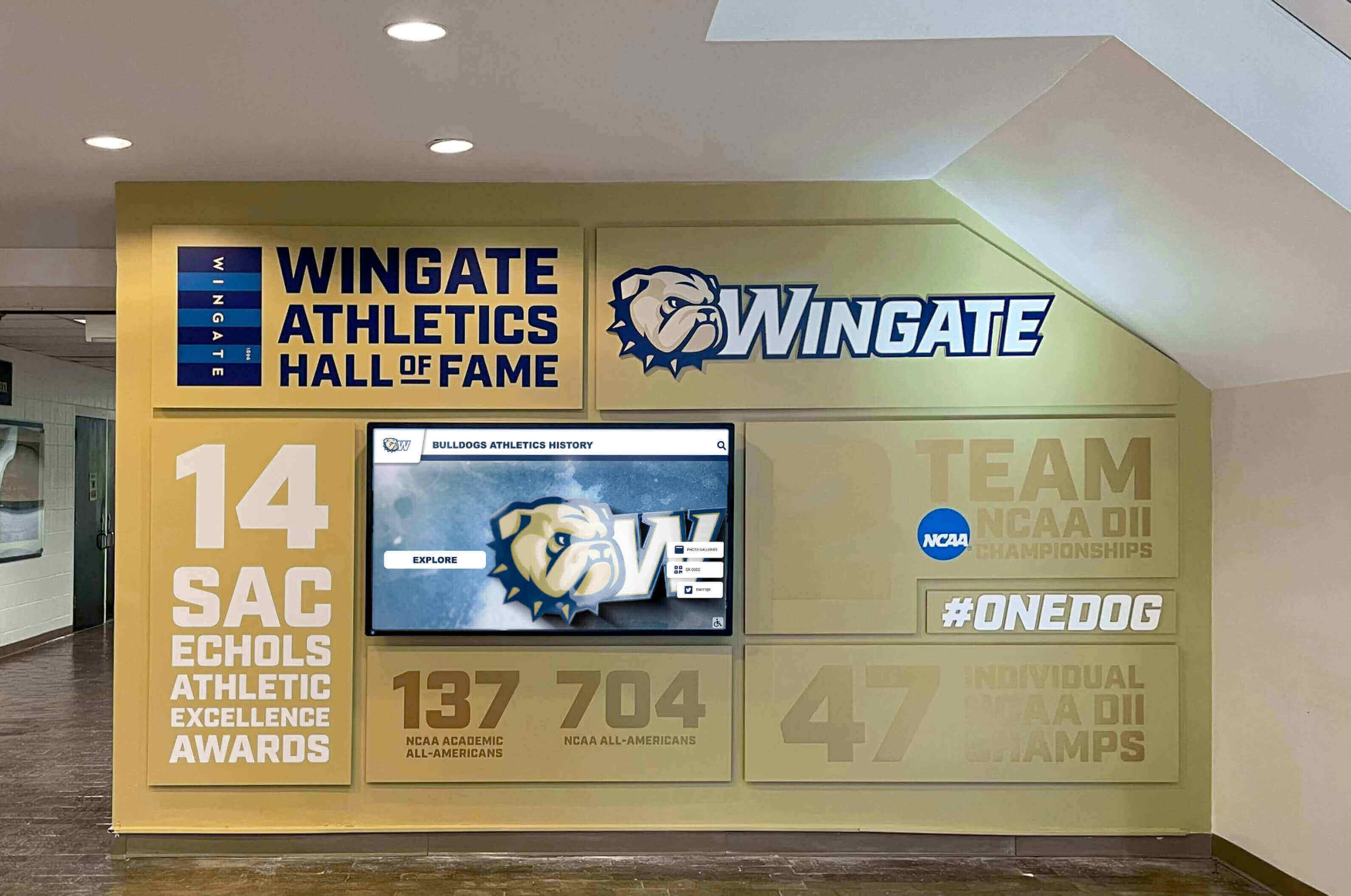 Wingate athletics hall of fame lobby with bulldog display Wingate athletics hall of fame lobby bulldog display